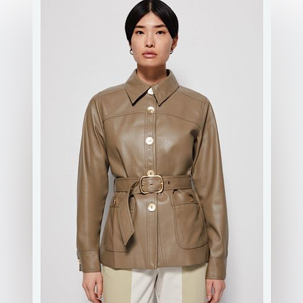 NWT JONATHAN SIMKHAI ERIN BELTED FAUX LEATHER JACKET IN MUSHROOM XS $545